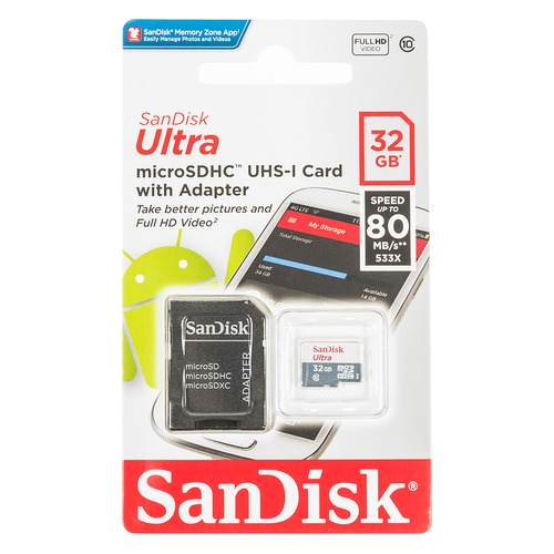 Карта памяти microSDHC UHS-I SANDISK Ultra 80 32 ГБ, 80 МБ/с, 533X, Class 10, SDSQUNS-032G-GN3MA, 1 шт., переходник SD