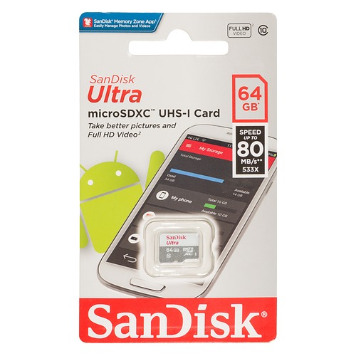 Карта памяти microSDXC UHS-I SANDISK Ultra 80 64 ГБ, 80 МБ/с, 533X, Class 10, SDSQUNS-064G-GN3MN, 1 шт.