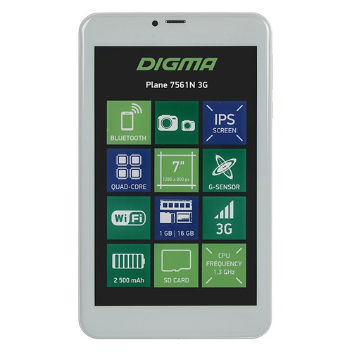 Планшет DIGMA Plane 7561N 3G, 1GB, 16GB, 3G, Android 7.0 серебристый [ps7176mg]