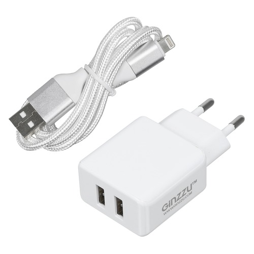 Сетевое зарядное устройство GINZZU GA-3313UW, 2xUSB, 8-pin Lightning (Apple), 3.1A, белый