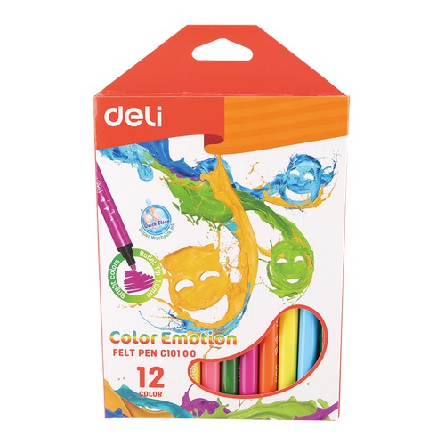 Фломастеры Deli EC10100 Color Emotion смываемые 12цв. коробка с европодвесом 12 шт./кор.