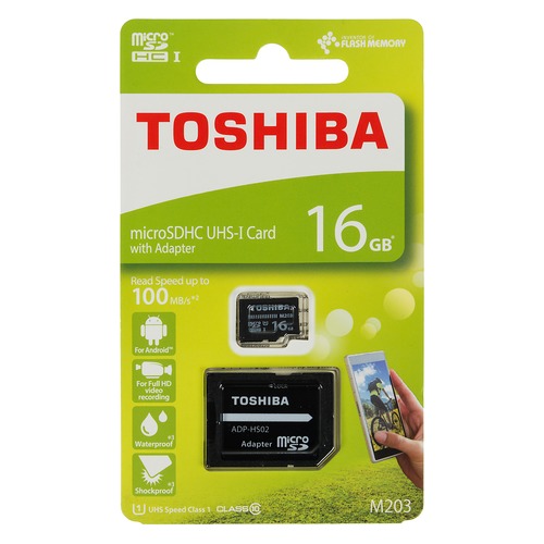 Карта памяти microSDHC UHS-I TOSHIBA M203 16 ГБ, 100 МБ/с, Class 10, THN-M203K0160EA, 1 шт., переходник SD