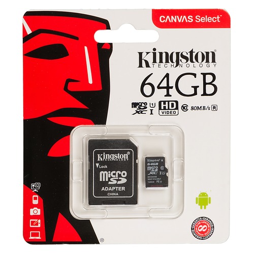 Карта памяти microSDXC UHS-I U1 KINGSTON Canvas Select 64 ГБ, 80 МБ/с, Class 10, SDCS/64GB, 1 шт., переходник SD