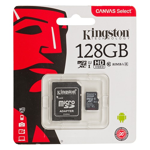 Карта памяти microSDXC UHS-I U1 KINGSTON Canvas Select 128 ГБ, 80 МБ/с, Class 10, SDCS/128GB, 1 шт., переходник SD