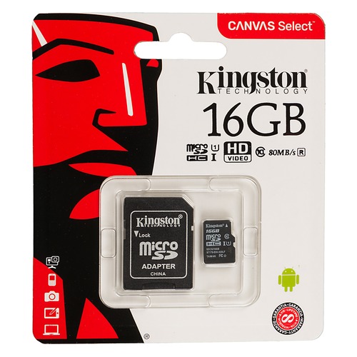 Карта памяти microSDHC UHS-I U1 KINGSTON Canvas Select 16 ГБ, 80 МБ/с, Class 10, SDCS/16GB, 1 шт., переходник SD