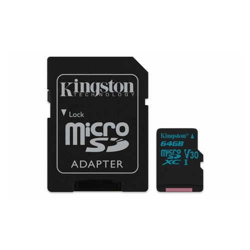 Карта памяти microSDXC UHS-I U3 KINGSTON Canvas Go 64 ГБ, 90 МБ/с, Class 10, SDCG2/64GB, 1 шт., переходник SD