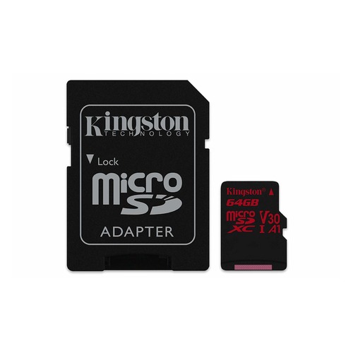Карта памяти microSDXC UHS-I U3 KINGSTON Canvas React 64 ГБ, 100 МБ/с, Class 10, SDCR/64GB, 1 шт., переходник SD