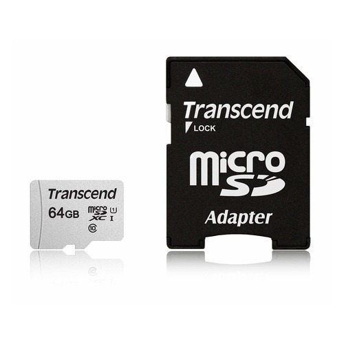Карта памяти microSDXC UHS-I U1 TRANSCEND 64 ГБ, 95 МБ/с, Class 10, TS64GUSD300S-A, 1 шт., переходник SD