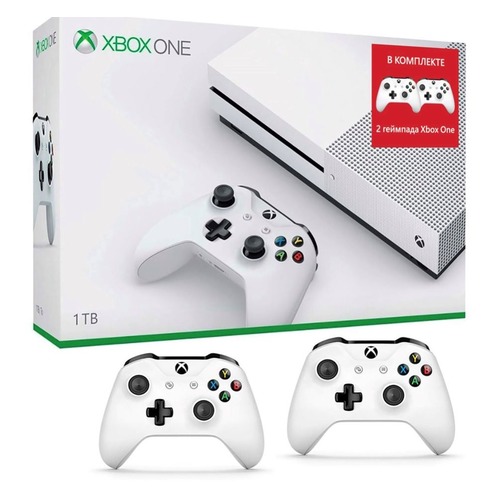 Игровая консоль MICROSOFT Xbox One S с 1 ТБ памяти и двумя беспроводными геймпадами, 234-00357-2g, белый