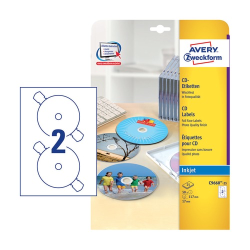 Этикетки Avery Zweckform CD/DV C9660-25 A4/196г/м2/50л./белый супер глянец самоклей. для лазерной пе