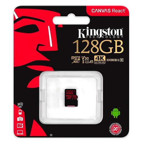 Карта памяти microSDXC UHS-I U3 KINGSTON Canvas React 128 ГБ, 100 МБ/с, Class 10, SDCR/128GBSP, 1 шт.