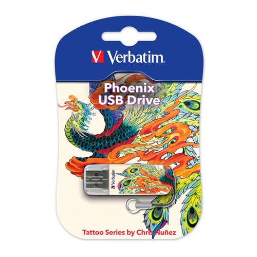 Флешка USB VERBATIM Store n Go Mini Tattoo Edition Phoenix 16Гб, USB2.0, белый и рисунок [49887]