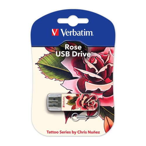 Флешка USB VERBATIM Mini Tattoo Rose 16Гб, USB2.0, белый и рисунок [49885]