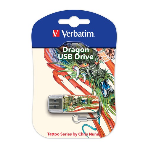 Флешка USB VERBATIM Mini Tattoo Dragon 16Гб, USB2.0, белый и рисунок [49888]