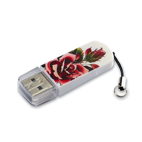 Флешка USB VERBATIM Mini Tattoo Rose 32Гб, USB2.0, белый и рисунок [49896]