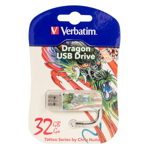 Флешка USB VERBATIM Mini Tattoo Dragon 32Гб, USB2.0, белый и рисунок [49899]