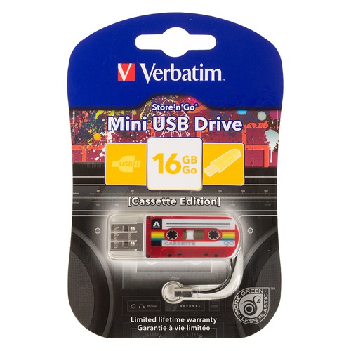 Флешка USB VERBATIM Mini Cassette Edition 16Гб, USB2.0, красный и рисунок [49398]