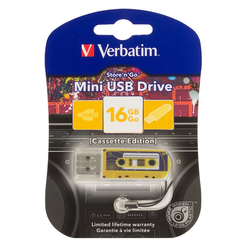 Флешка USB VERBATIM Mini Cassette Edition 16Гб, USB2.0, желтый и рисунок [49399]