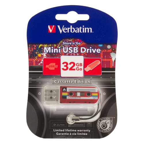 Флешка USB VERBATIM Mini Cassette Edition 32Гб, USB2.0, красный и рисунок [49392]