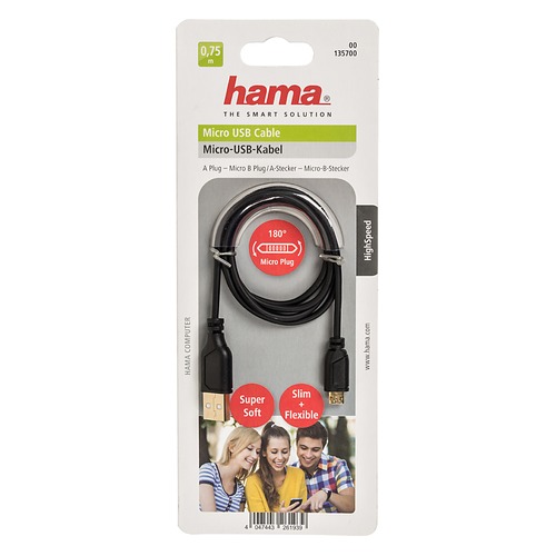 Кабель HAMA micro USB B (m), USB A(m), 0.75м, черный [00135700]