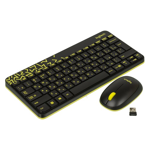 Комплект (клавиатура+мышь) LOGITECH MK240, USB, беспроводной, черный и жёлтый [920-008213]