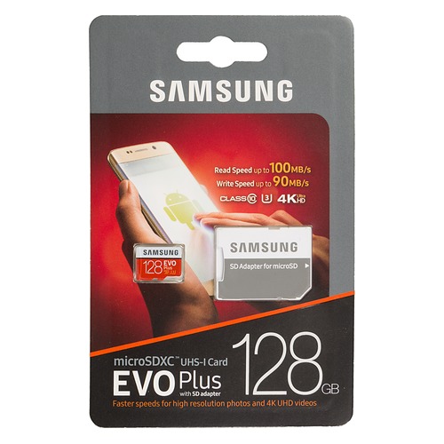 Карта памяти microSDXC UHS-I U3 SAMSUNG EVO PLUS 2 128 ГБ, 100 МБ/с, Class 10, MB-MC128GA/RU, 1 шт., переходник SD