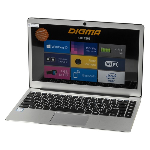 Ноутбук DIGMA CITI E302, 13.3", IPS, Intel Core M3 7Y30 1ГГц, 4Гб, 64Гб SSD, Intel HD Graphics 615, Windows 10 Home, ES3009EW, серебристый