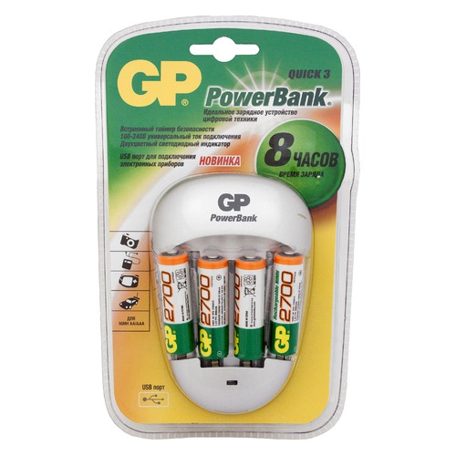 AA Аккумулятор + зарядное устройство GP PowerBank PB27GS270, 4 шт. 2700мAч