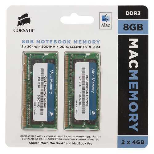 Модуль памяти CORSAIR CMSA8GX3M2A1333C9 DDR3 - 2x 4Гб 1333, SO-DIMM, Mac Memory, Ret