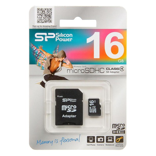 Карта памяти microSDHC SILICON POWER 16 ГБ, Class 4, SP016GBSTH004V10SP, 1 шт., переходник SD
