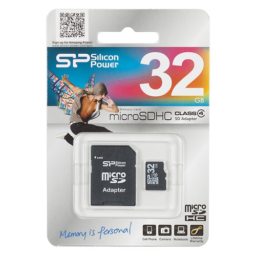 Карта памяти microSDHC SILICON POWER 32 ГБ, Class 4, SP032GBSTH004V10-SP, 1 шт., переходник SD