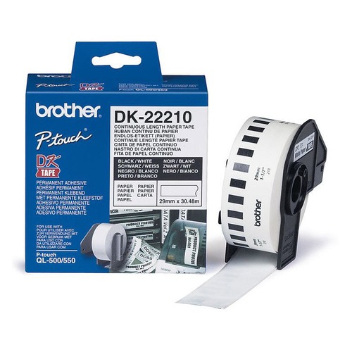 Картридж BROTHER DK22210, 29мм, черный шрифт, белый фон, 30.48м