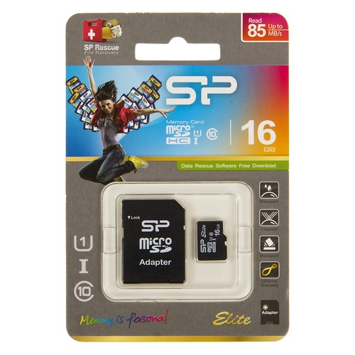 Карта памяти microSDHC UHS-I SILICON POWER 16 ГБ, 85 МБ/с, Class 10, SP016GBSTHBU1V10SP, 1 шт., переходник SD