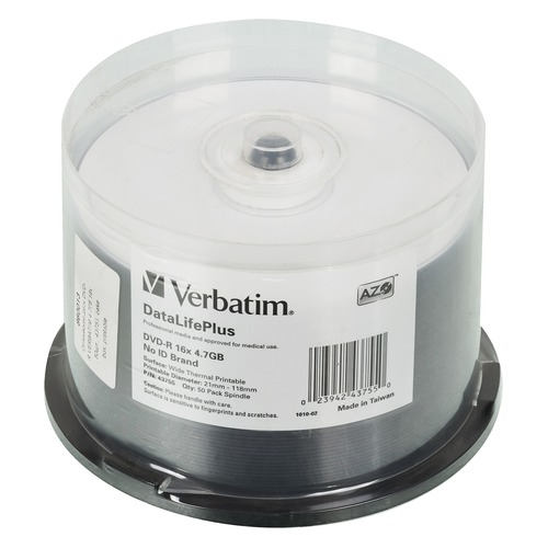 Оптический диск DVD-R VERBATIM 4.7Гб 16x, 50шт., 43755, cake box, printable