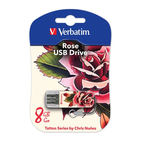 Флешка USB VERBATIM Store n Go Mini Tattoo Rose 8Гб, USB2.0, белый и узор [49881]