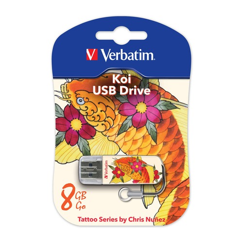 Флешка USB VERBATIM Store n Go Mini Tattoo Koi 8Гб, USB2.0, белый и узор [49882]