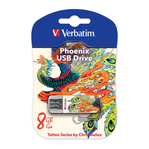 Флешка USB VERBATIM Store n Go Mini Tattoo Phoenix 8Гб, USB2.0, белый и рисунок [49883]
