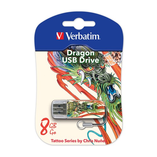 Флешка USB VERBATIM Store n Go Mini Tattoo Dragon 8Гб, USB2.0, белый и узор [49884]